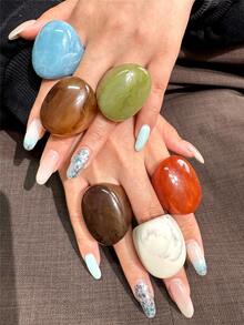 6pcs/Set Vintage Exaggerated Oval Wide Face Oversized Resin Ring Set, Colorful Dual-Tone Tie Dye Thick Chunky Women's Rings, Fashion Charm Jewelry - Multicolor - View 7