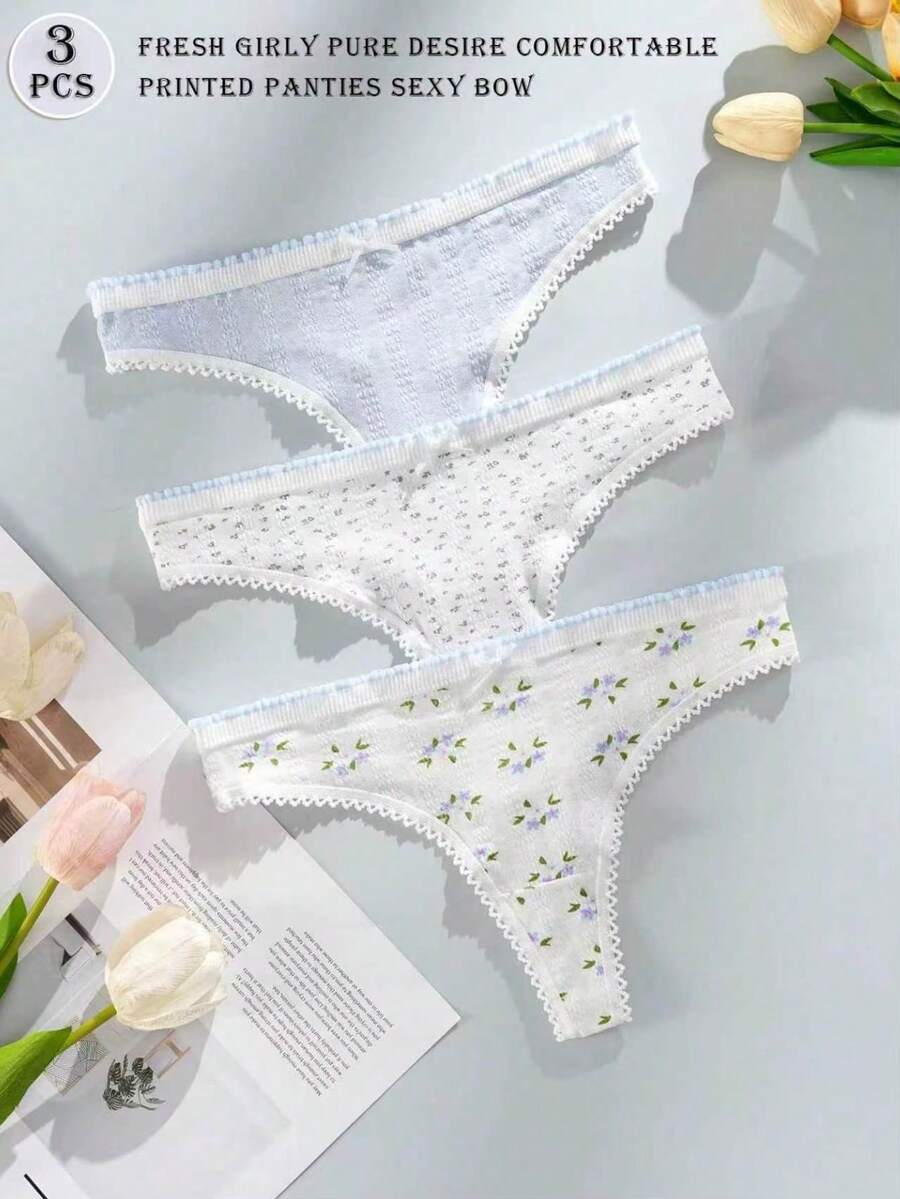 3件套可爱碎花女士优雅蓝色丁字裤套装,柔软透气,穿着舒适,蝴蝶结装饰,适合瑜伽、健身、睡衣和休闲穿着,瑜伽内衣 | 俏皮图案 | 柔软面料,DORSU - 彩色 - 查看 1