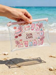 Bolsa de maquillaje con estampado "Protección Solar" de PVC, bolsa organizadora de viaje de PVC con cremallera - Bolsa de tocador de maquillaje ligera y resistente a la decoloración, compatible con TSA y portátil, fácil de limpiar; adecuada como regalo para maestros o amigos, también una bolsa de tocador esencial para viajes escolares y vacaciones, con función impermeable. - Multicolor - Ver 5