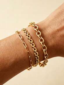 MECYLIFE 1pc Women's Stainless Steel Chain Bracelet, Simple Versatile Layering Bracelet For Daily Wear, Gold Jewelry - Yellow Gold - View 1