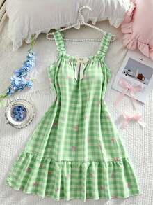 2 Pieces Women's Plaid Bow Print Sleep Set Sleeveless Ruffled Straps & Hem Lightweight Summer Casual Loungewear Comfort Nightdress - Multicolor - View 8