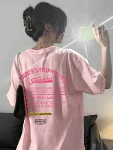 女士圆领短袖T恤，夏季新款字母印花，时尚休闲百搭宽松上衣 - 淺粉 - 查看 8