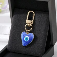 1個彩色惡魔之眼心形鑰匙圈，金色調金屬搭配旋渦琺瑯，可愛護身符吊墜，適合學生 - 彩色 - 查看 4