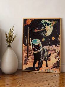 1pc Vintage Black Cat Surreal Art, Funny Alien UFO Wall Decor, Victorian Landscape Wall Art, Ideal Gift,Suitable For Bedroom,Living Room,Kitchen,Wall Arts,Wall Decor,Home Decor,Room Decor,Canvas Wall Art,Posters, Wall Art With Frame, Optional Frame - 1PCS - View 4
