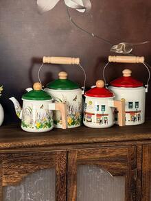 Vintage European Style + Architectural Painting Pattern/Bicolor Blue Lid + Cylindrical Body Shape + Wooden Heat-Resistant Handle + Even Heat Conduction/Large Capacity Water Storage + Retro Architectural Style Kettle + Suitable For Family Gatherings & Festivals, Afternoon Tea Preparation, Daily Kitchen Cooking - View 4