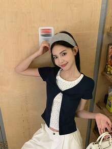 碎花 2 合 1 短袖女款夏季設計短版修身顯身材休閒上衣 - 藏蓝色 - 查看 4