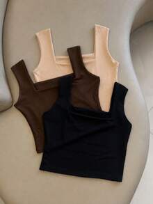 Set Of 3 Premium Basic Cropped Tops With Square Neck, Minimalist Tank Top, Structured Fabric, Casual Fashion, Blogger Style 2026 - BLACK/BROWN/BEIGE - View 3