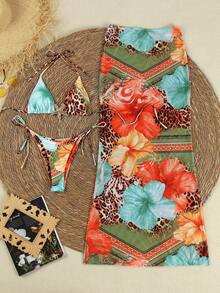 Polovedo Official Sexy Leopard & Floral Print Halter Bikini Set With Skirt, Suitable For Spring/Summer Beach Vacation - Multicolor - View 5