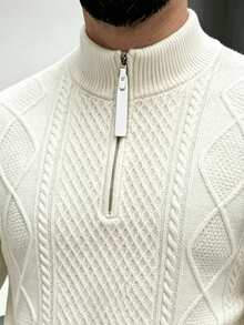 Men's Autumn/Winter Knitted Zip-Up Sweater, Solid Color Striped Casual Versatile Business Commute Pullover - Apricot - View 3
