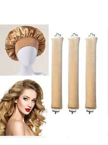 4 Pcs/Set Hair Curling Set: 1 Satin Brim Hat + 3 No-Heat Hair Curling Rods. Classic Solid Color Elastic Soft Sleep Cap, Shower Cap, Faux Silk Women's Hair Turban With Elastic Band. Protective Hairstyle For Overnight Waves, Suitable For All Hair Types - Multicolor - View 10