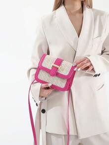 Sac en paille tressée pour femmes, sac bandoulière patchwork minimaliste à la mode, sac carré polyvalent de petite taille, mini sac carré, paille tressée avec matériau PU - Rose vif - Voir 2