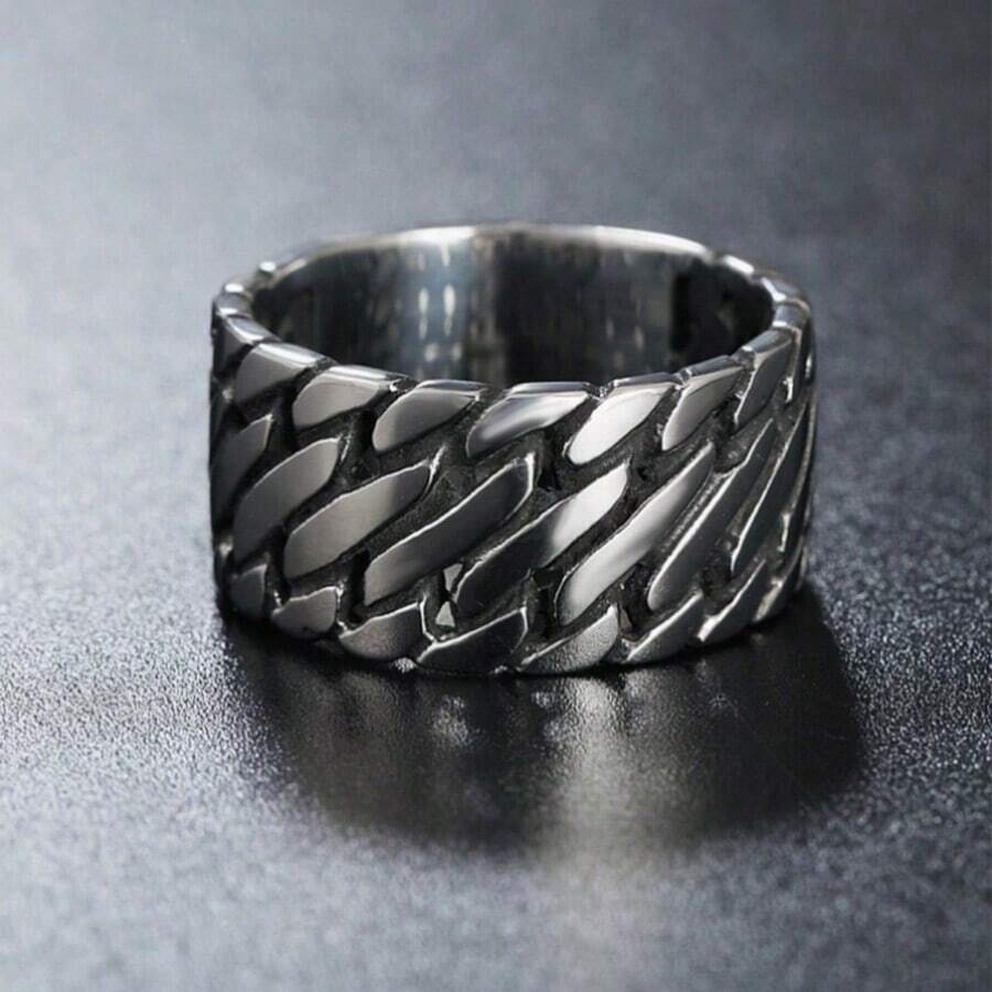 1pc US Size Personalized Fashion Stainless Steel Ring, Woven Design, Unisex Finger Ring, Gift For Dad, Mom, Colleagues, Friends - Black - View 1