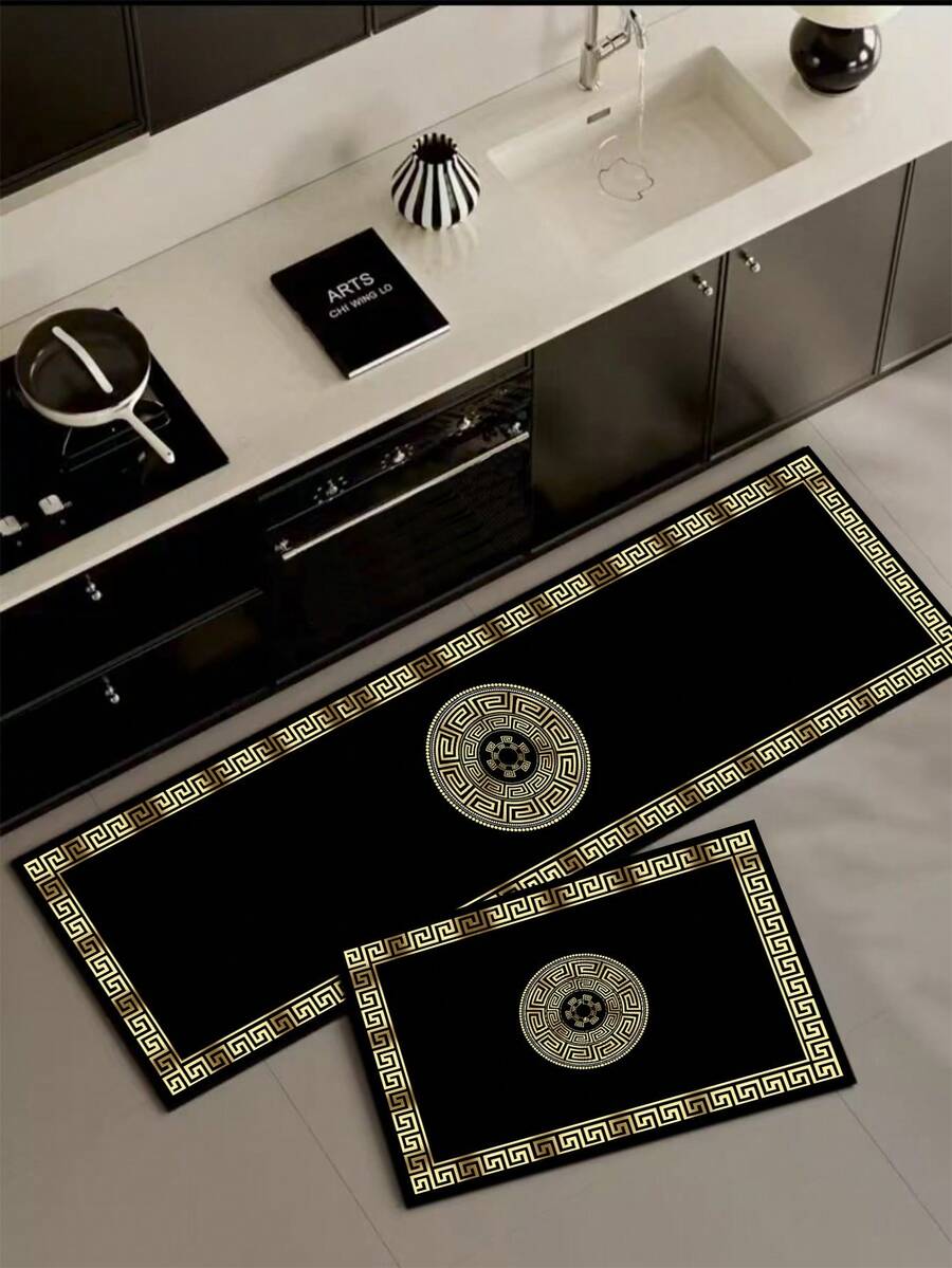1pc Diatomaceous Earth Kitchen Floor Mat, Black & Gold Round Totem Luxury Pattern, 3.5mm Thick Cuttable, Absorbent Quick-Dry Non-Slip, Hot-Selling Small Entryway Mat For Kitchen, Bathroom, Patio, Hallway - Multicolor - View 1