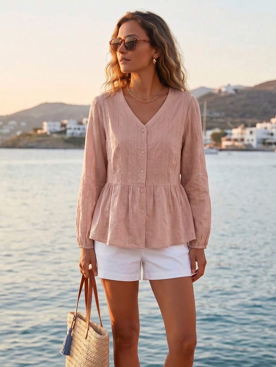 Women's Sweet V-Neck Long Sleeve High Waist Embroidered Blouse Tops, Suitable For Commuting In Spring And Autumn