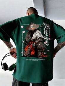 男士時尚日系熱血賽博插畫印花黑色圓領短袖T恤 - 墨綠色 - 查看 3