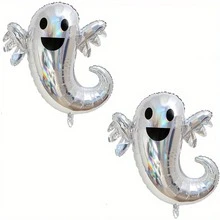 2pcs 35.4 Inch Laser Silver Ghost Aluminum Foil Balloons, Cute Smiling Ghost Foil Balloons For Halloween Party, Window Display, Scene Decoration, Photo Props, Reusable - Multicolor - View 6