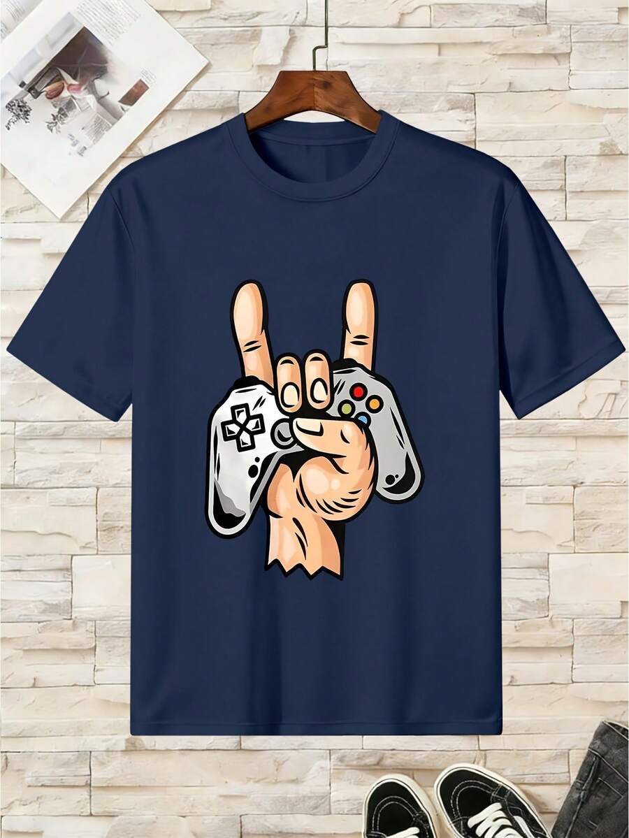 Pure Cotton T-Shirt For Boys With Video Game Controller Design - 藏青色 - 查看 1