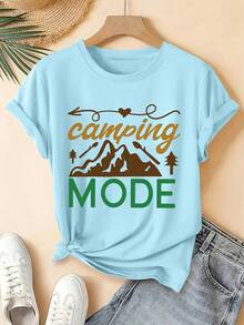 Women's Plus Size Casual-Shirt With Outdoor Camping Bonfire Camping MODE Print, Suitable Spring, Summer, And Autumn, Round Neck, Short Sleeve, - 黑色 - 查看 11