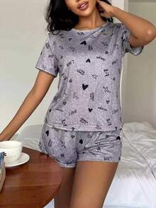 Conjunto de pijama de 2 piezas con estampado de corazón y pantalón corto para mujer - Gris - Ver 3
