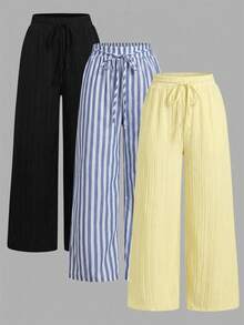 Set Of 3 High-Waisted Loose Straight-Leg Trousers With Drawstring And Pockets, Solid Color And Versatile, Suitable For Spring/Summer - Bronze - View 1