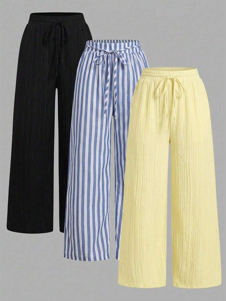 Set Of 3 High-Waisted Loose Straight-Leg Trousers With Drawstring And Pockets, Solid Color And Versatile, Suitable For Spring/Summer - Bronze - View 1
