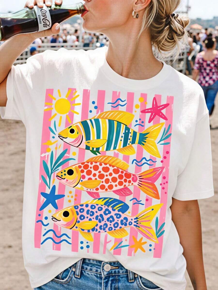 Fish Shirt,Women's Summer Boho Tee - Coastal Beach T-Shirt, Striped Fish Trio Shirt , 2026-Cute Clothes,Beach Vacation Outfits Woman - 紅色 - 查看 1