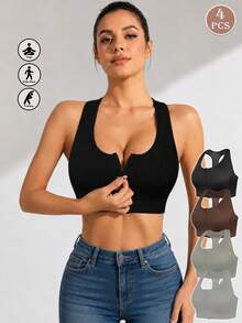 4 buah Bra Olahraga Tanpa Jahitan dengan Desain Silang dan Lubang-Lubang, Bra Pendek Elastis dengan Resleting Depan untuk Wanita - MultiWarna - View 11