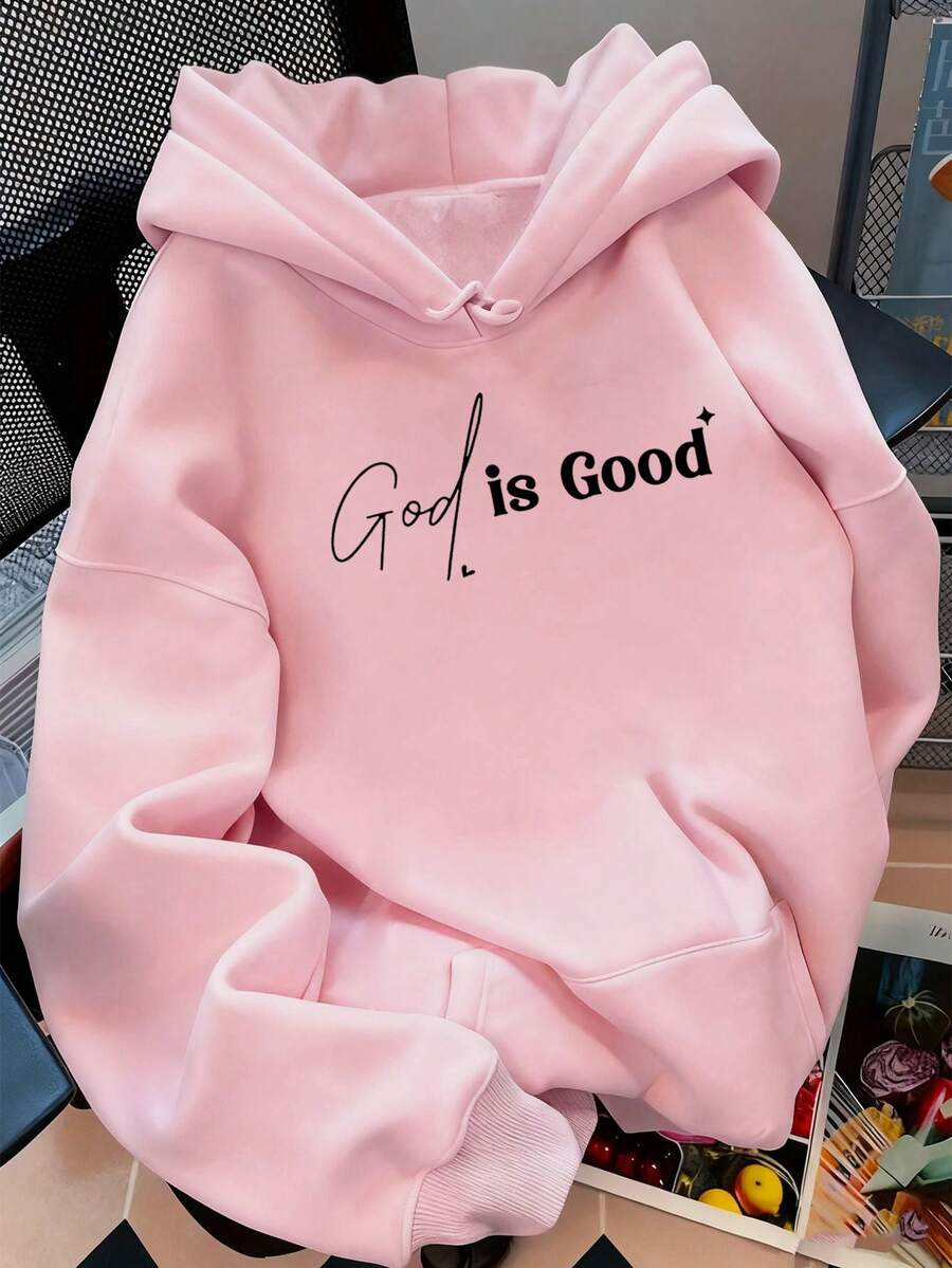 新款女式秋冬連帽衛衣,印有「God Is Good」標語,柔軟舒適,抓絨內裡,休閒粉色上衣 - 粉色 - 查看 1