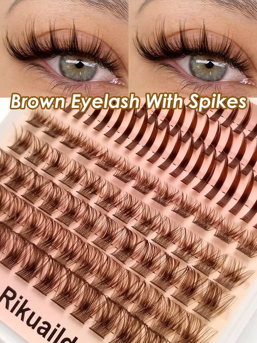 Rikuaild 120pcs Bulu Mata Gugus Berduri Cokelat Alami Lembut dan Mengembang, Bulu Mata Individual, Ekstensi Bulu Mata DIY, Pita Lembut, Bulu Mata Palsu yang Dapat Digunakan Kembali untuk Mata Cokelat - D - View 1