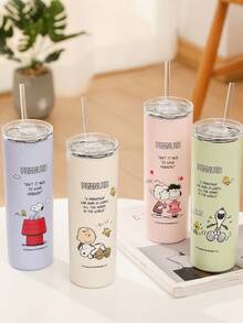 SNOOPY 1個史努比不鏽鋼保溫隨行杯 車用杯架杯 戶外便攜吸管杯 咖啡馬克杯 附蓋與吸管 大容量保溫水瓶 - 彩色 - 查看 9