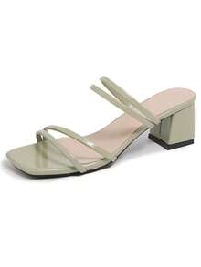 Sandal Wanita Polos, Ujung Terbuka, Ujung Persegi, Tali Ganda, Hak Tebal, Model Mule, Warna Hijau Mint, Sepatu Modis untuk Pesta Musim Panas, Liburan, dan Pemakaian Sehari-hari - Mint Green - View 2