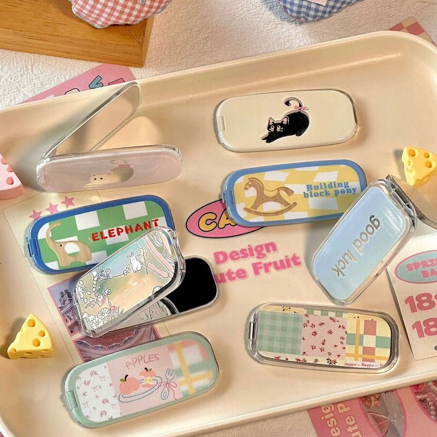 1pc Cute Cartoon Cat Portable Makeup Mirror Stand, Adhesive, Horizontal & Vertical Dual-Use, Desktop Support, Flip Cover - Multicolor - View 1