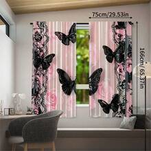 2 pièces Rideaux décoratifs élégants à motif floral rose et papillon noir en dentelle, impression numérique haute définition, matériau en polyester translucide, résistant à la décoloration. Convient pour les rideaux de maison, les rideaux de maison. Lavable à la main et à la machine, suspension par poche à tringle, convient pour la décoration de la chambre et du salon, rideaux de décoration intérieure. - Multicolore - Voir 8