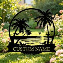 Personalized Palm Tree Beach Metal Sign, Round Coastal Sunset Custom Name Sign, Tropical Beach Home Decor Gift, Outdoor Backyard Wall Decor - Black - View 6