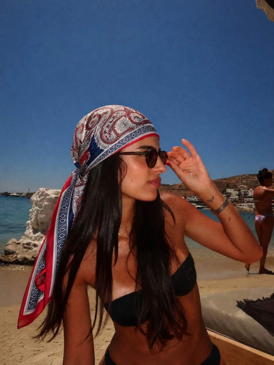 1件女款休閒佩斯利印花方巾/方巾，時尚圍巾夏季海灘髮飾，適合島嶼、海灘、度假