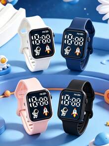 4pcs/Set Kids' Favorite Square Electronic Watch With Rocket Astronaut Pattern, LED Screen, TPU Material, Casual Sports Watch Suitable For Daily Life, Gift, Birthday, Back To School Season - Multicolor - View 3