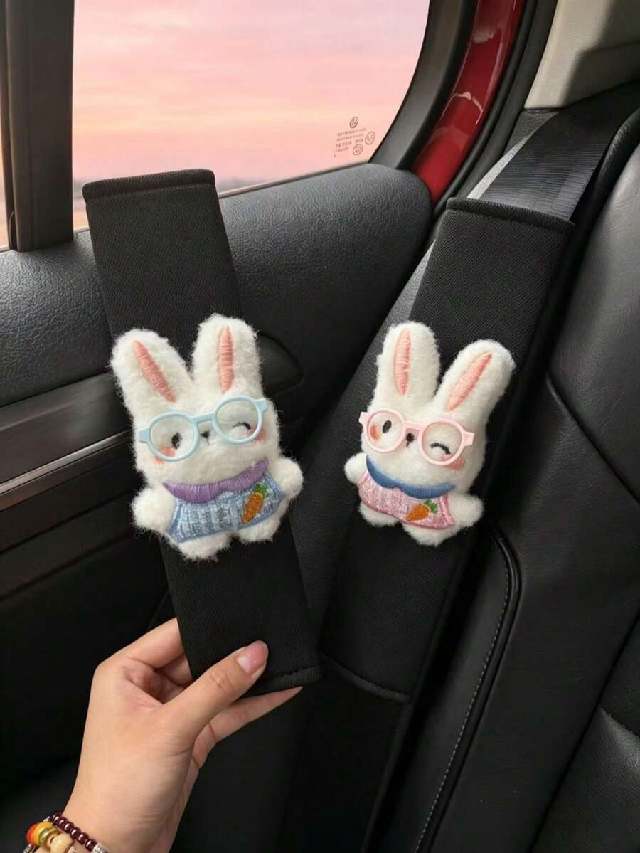 1pc Cute Glasses Bunny Car Seat Belt Cover, Plush Rabbit Auto Shoulder Pad, Sweet Car Interior Decor Kawaii Rabbit Car Seat Belt Cushion, Cartoon Bunny Auto Accessory, Lovely Car Decor Gift - Glasses Rabbit - View 1