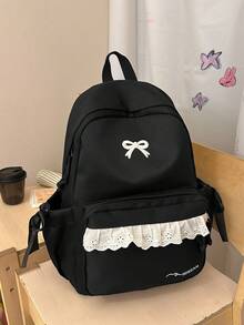學院風蕾絲蝴蝶結後背包，青少年女孩日常上學包，休閒校園日常後背包，輕量多功能學生後背包 - 多色 - 查看 10