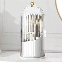 Seka Paul Makeup Brush Holder With Lid, 360° Rotating Makeup Brush Holder, Multi-Functional Countertop Storage Rack, Toothbrush, Toothpaste Tube, Easy-To-Clean Sliding Lid Toothbrush Holder, Dust-Proof Sink Space-Saving Bathroom Organizer, Suitable For Home, Dorm And Apartment, Daily Use Stylish Bathroom Countertop Storage Solution - Multicolor - View 13