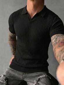 Men's Classic Ribbed Knit Polo Short Sleeve Shirt, Solid Color, Suitable For Summer Outings, Fashion Essential - Black - View 4