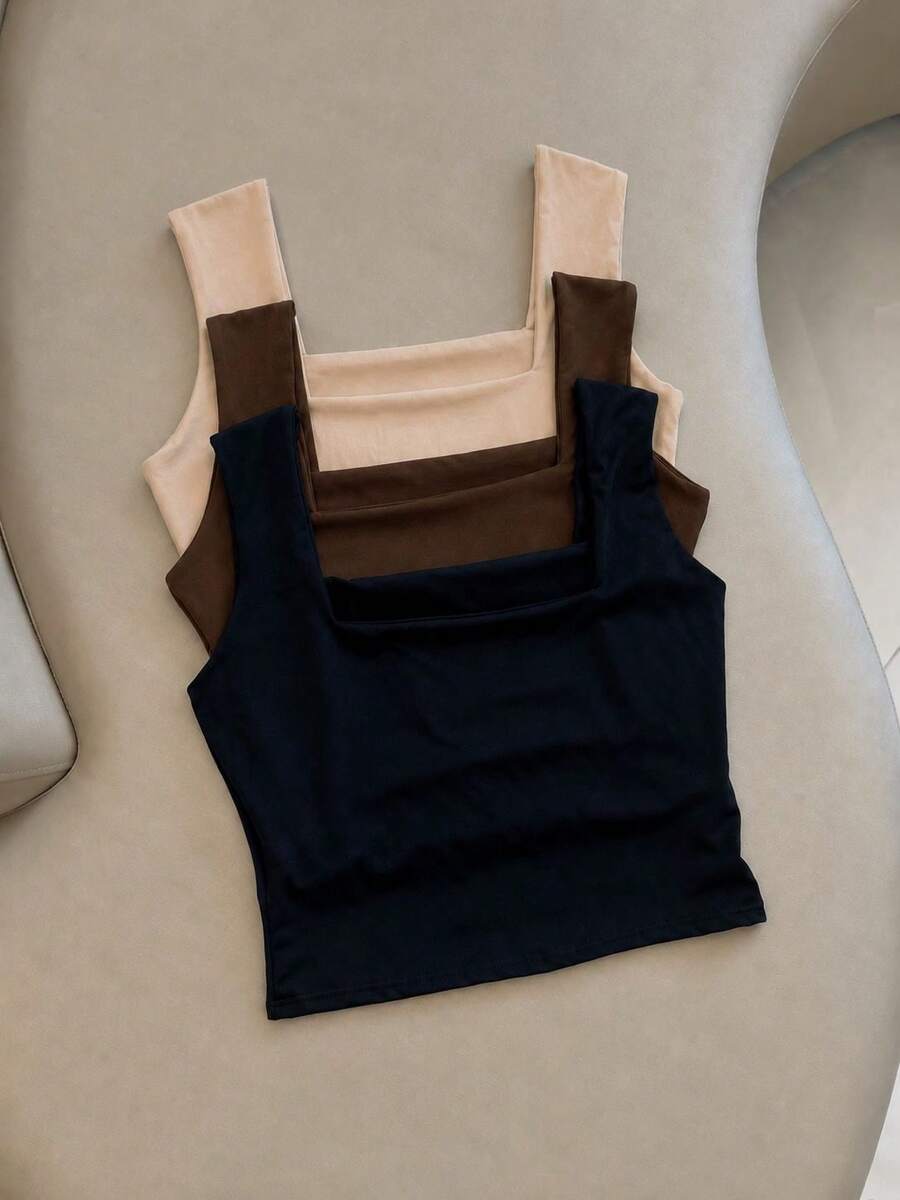 Set Of 3 Premium Basic Cropped Tops With Square Neck, Minimalist Tank Top, Structured Fabric, Casual Fashion, Blogger Style 2026 - BLACK/BROWN/BEIGE - View 1