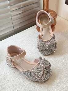 1 par de sandalias con lazo de strass plateado para niñas/niños, con suela blanda antideslizante, zapatos de princesa con cierre de gancho y bucle, transpirables para rendimiento/baile - Rosa - Ver 4