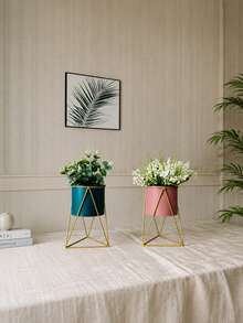 1pc/Set Creative Metal Plant Pot With Gold Geometric Stand, Vintage Style Succulent Planter, Large Desktop Flower Pot, Suitable For Balcony, Living Room, Office, Home Garden Decoration - Multiple Styles - View 8