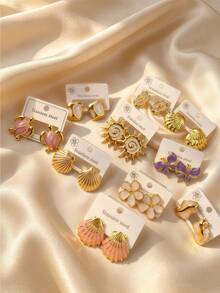 4/8/12 piezas Pendientes de tortuga de acero inoxidable con esmalte dorado - Accesorios de playa para mujer - Estilo de verano - Adecuado para salidas a la playa, fiestas en la piscina y uso diario - Multicolor - Ver 2