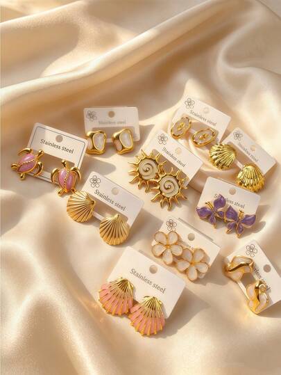 4/8/12pcs Stainless Steel Gold Enamel Turtle Earrings - Women's Beach Accessories - Summer Style - Suitable For Beach Outings, Pool Parties And Daily Wear