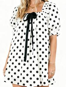 Women Puff Sleeve Nightdress White Black Dotted Print Geometric Neck Sleepwear With Long Ribbon Bow Short Sleeve Pajama Dress - 白色 - 查看 3