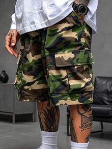 Men's Camouflage Print Cargo Shorts With Multiple Pockets, Elastic Waist And Drawstring Casual Shorts - Army Green - View 1