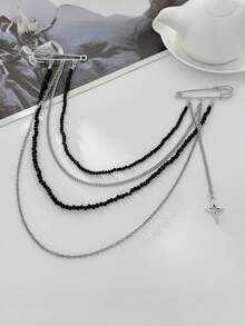 1pc Punk Hip Hop Long Chain Tassel Brooch, Fashion Shiny Star Double Pin Suit Pendant - Multicolor - View 7