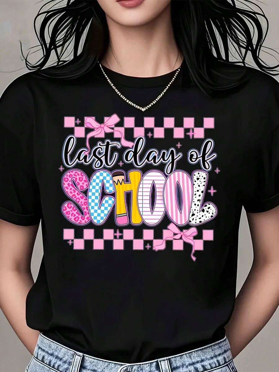 Camiseta vintage de manga corta para mujer, talla grande, con diseño y texto estampados, ideal para eventos escolares y celebraciones de primavera y verano, 220 g. - Negro - Ver 1