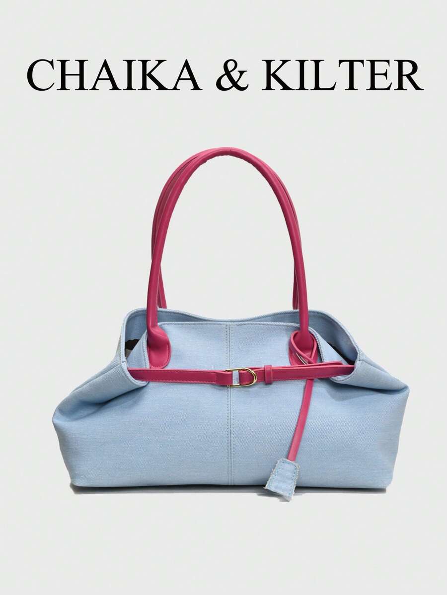 CHAIKA & KILTER 拼色大容量手提包，時尚肩帶裝飾單肩包，磁吸開合，適合日常出行、約會、通勤，女款時尚包